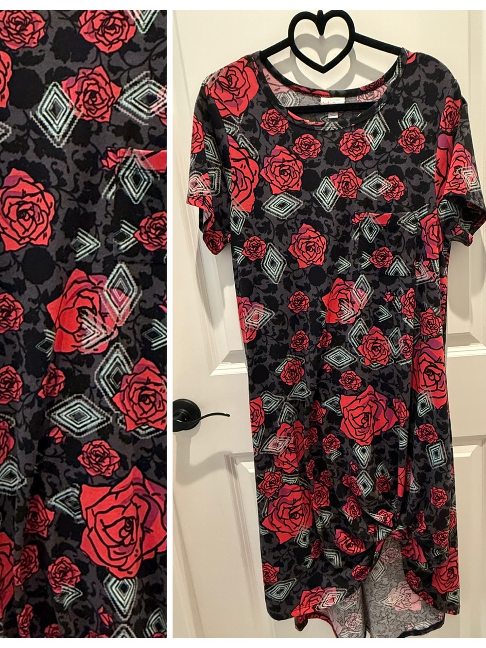 LuLaRoe Carly- Women's Black Dress with Pink Rose Print